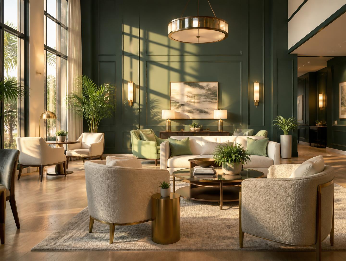 Common lounge of an upscale assisted living residence in warm evening light